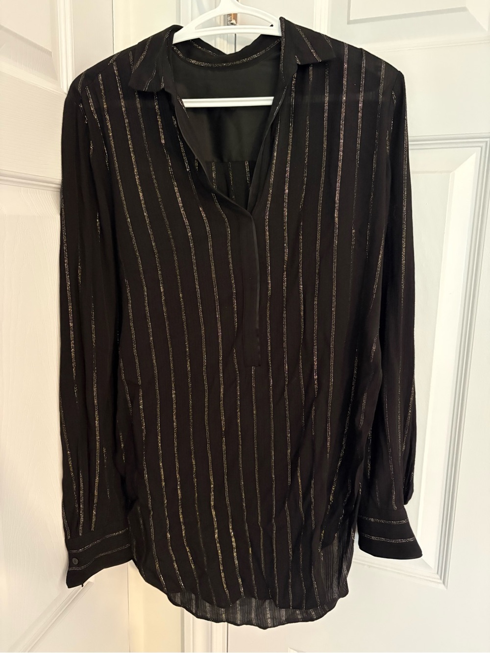 All saints Women’s Black Metallic Pinstripe V-Neck Blouse gold silver - Picture 2 of 2